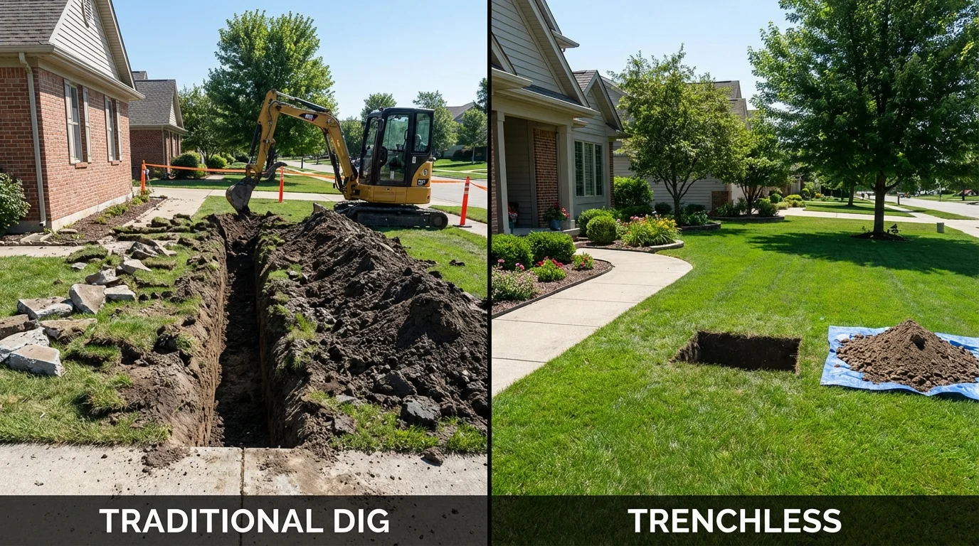 Trenchless sewer repair with minimal yard damage versus traditional excavation in Lowell, MI